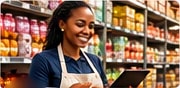 Retailer placing an order on a tablet in a grocery store