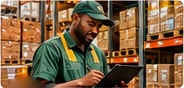 Supplier checking stock on a tablet in a warehouse