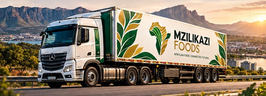 White Mzilikazi Foods truck and trailer on a mountain highway at sunset