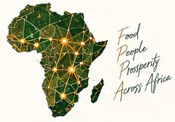 Map of Africa linked by a glowing trade network, with the words: Food. People. Prosperity. Across Africa.